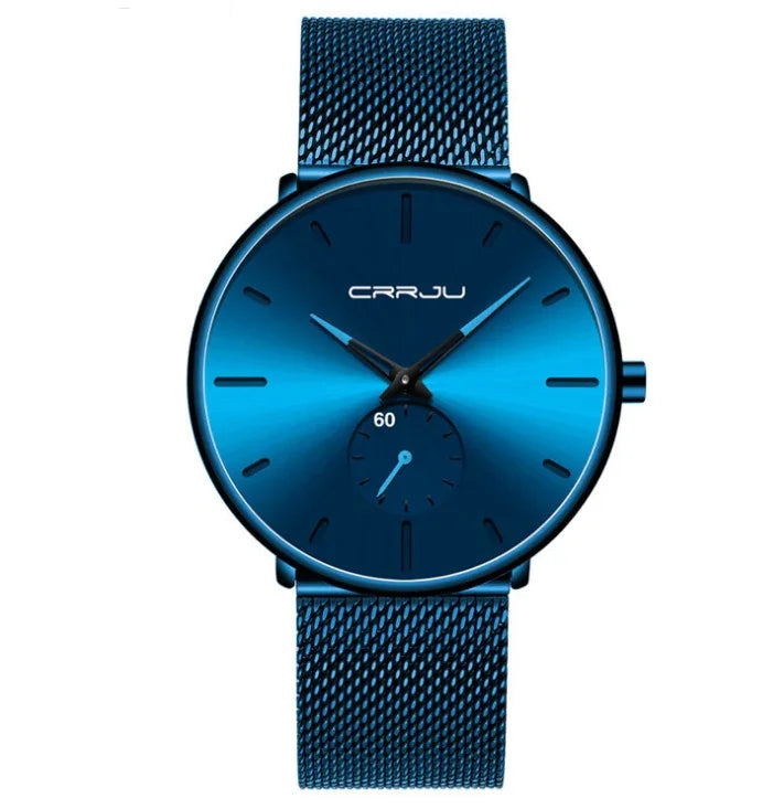 CRRJU men's blue stainless steel mesh band wristwatch with minimalist dial and small seconds subdial