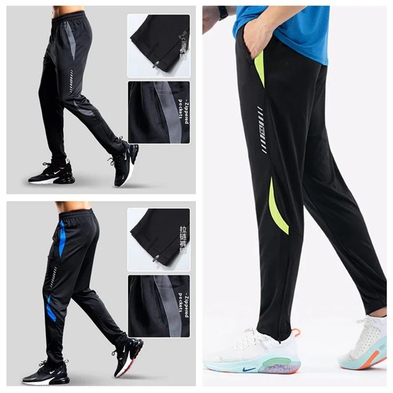 Men's athletic jogger pants with zippered pockets and color stripe details in black, blue, and neon green