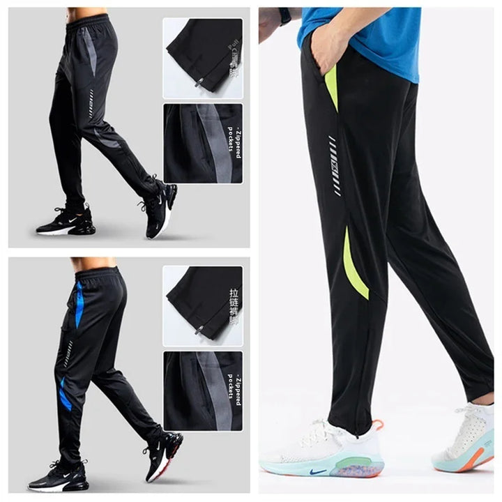 Men's athletic jogger pants with zippered pockets and color stripe details in black, blue, and neon green