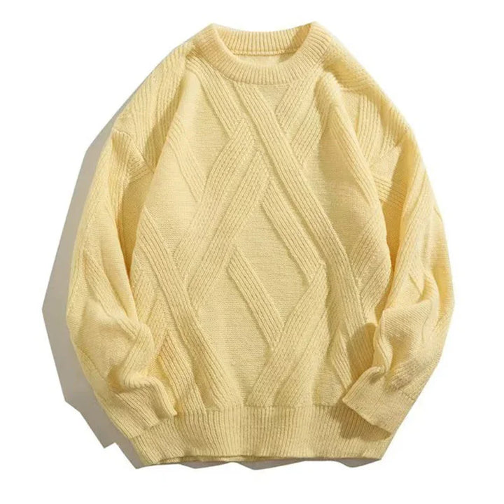 Cozy yellow knit sweater with textured diamond cable pattern and ribbed cuffs and hem