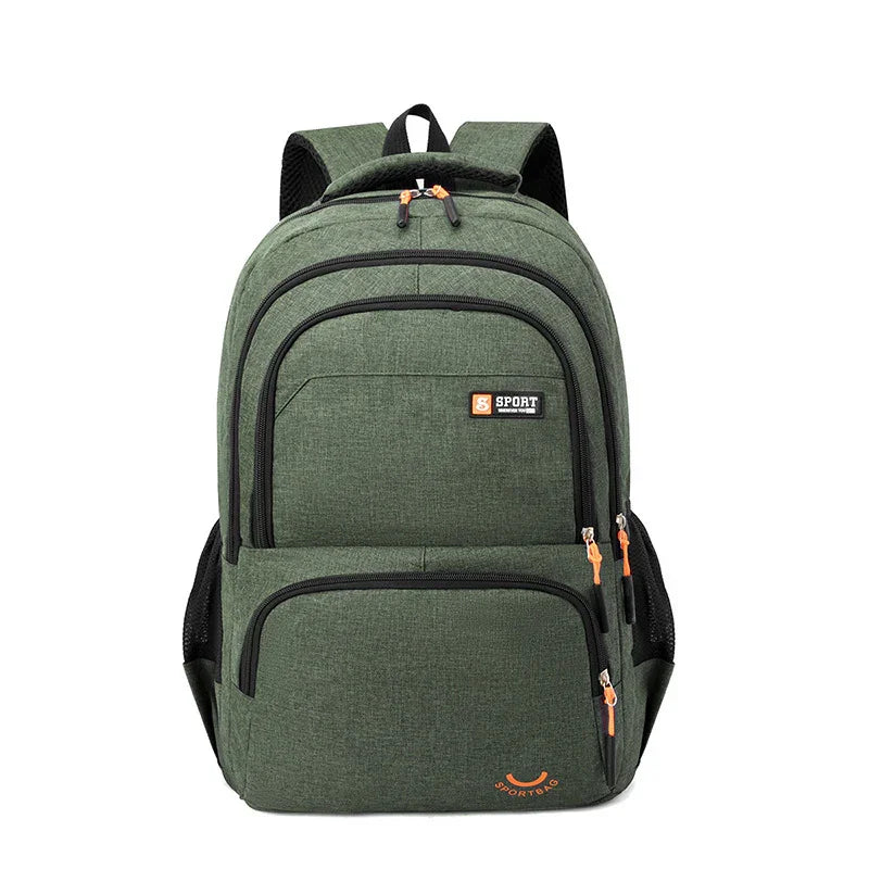 Green sport backpack with multiple zippered compartments, black straps, and orange zipper pulls