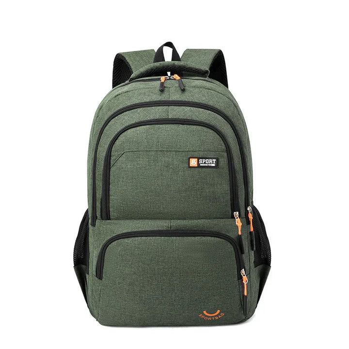 Green sport backpack with multiple zippered compartments, black straps, and orange zipper pulls