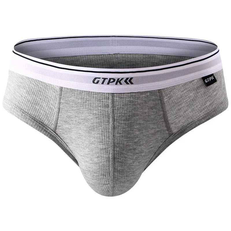 Gray men's brief underwear with white elastic waistband and GTPK logo