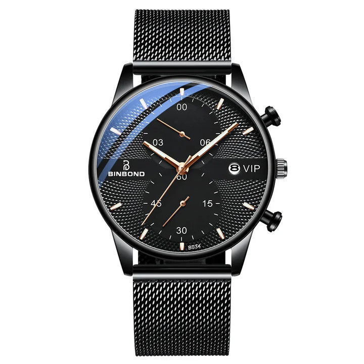BINBOND VIP men's black mesh band wristwatch with black textured dial and rose gold hands
