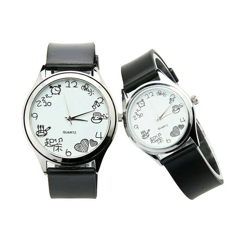 Two black leather strap quartz watches with white dials featuring unique hand-drawn icons and numbers