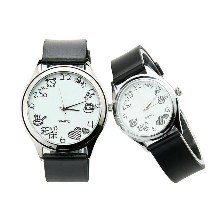 Two black leather strap quartz watches with white dials featuring unique hand-drawn icons and numbers
