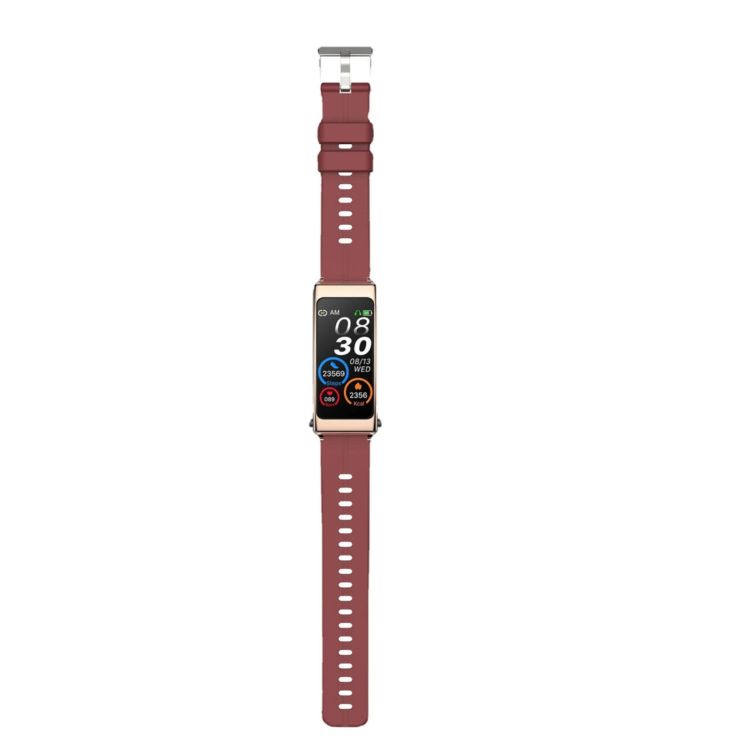 smartwatch with rectangular color screen and brown adjustable silicone strap showing time, date, steps, heart rate, and calories