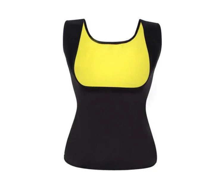 Black and yellow neoprene slimming vest on white background, waist trainer shapewear