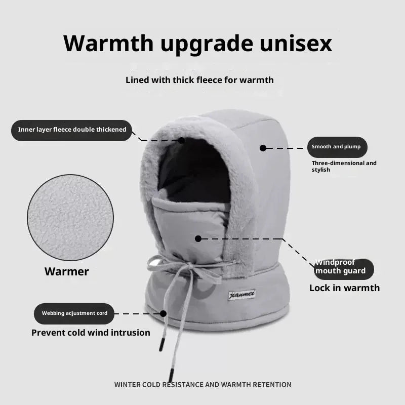 Unisex winter hood lined with thick fleece, windproof mouth guard, and adjustable cord for warmth