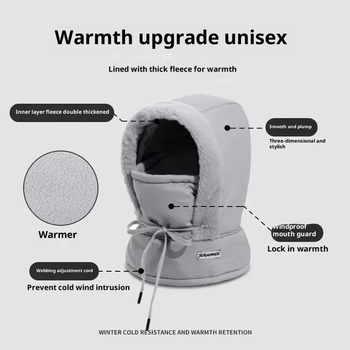 Unisex winter hood lined with thick fleece, windproof mouth guard, and adjustable cord for warmth