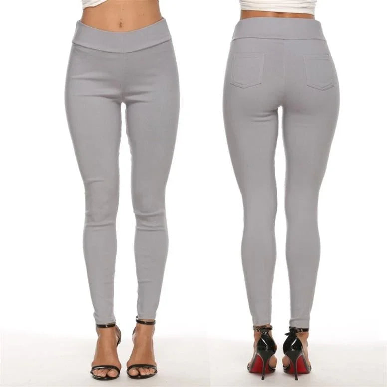 Front and back view of woman wearing light gray high-waisted leggings and black ankle-strap heels