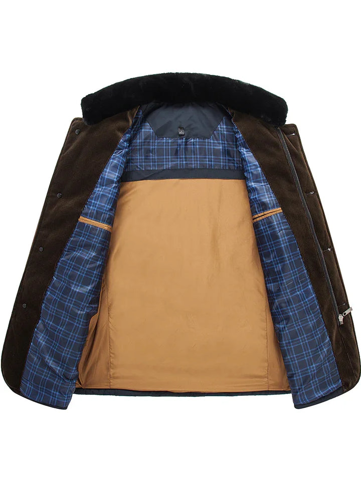 Open brown jacket with blue plaid and tan interior lining and black fur collar