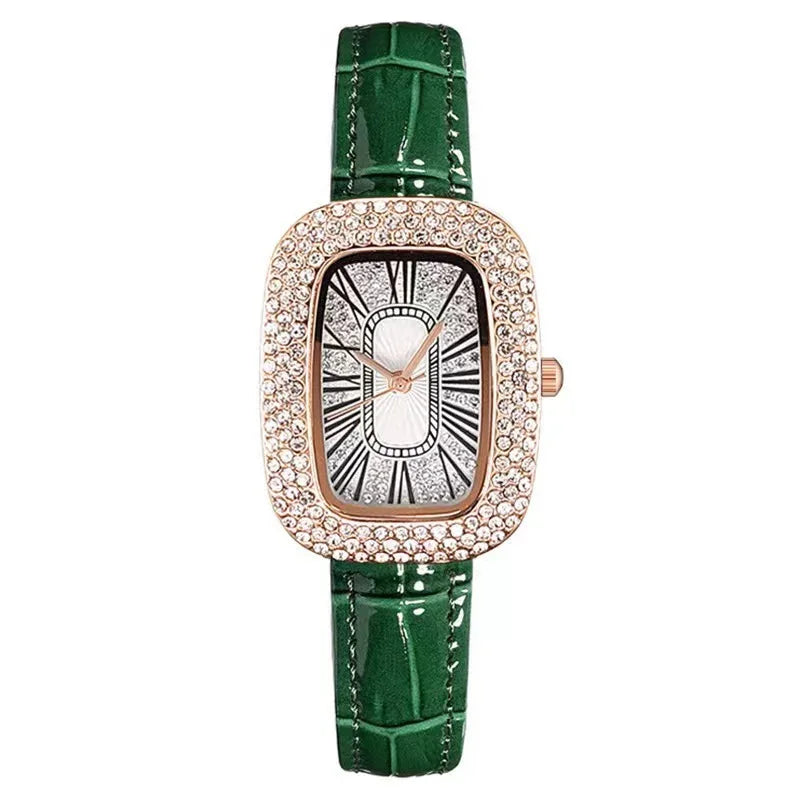 Elegant rectangular women's wristwatch with green leather strap and rhinestone-studded rose gold bezel