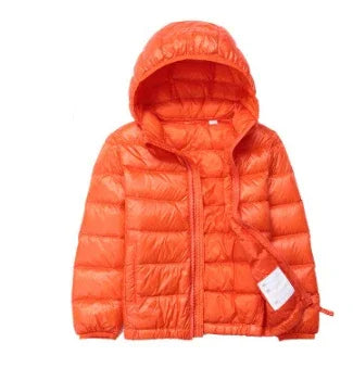 Bright orange puffer jacket with hood and zipper on white background