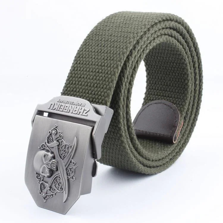 Green canvas belt with metal buckle featuring skull and crossed swords design
