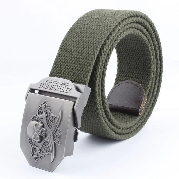 Green canvas belt with metal buckle featuring skull and crossed swords design