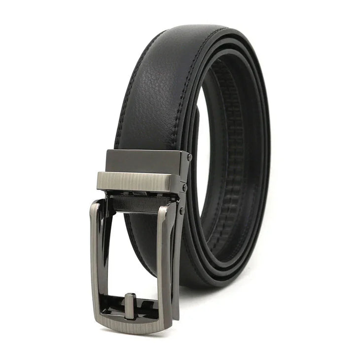 Black leather men's belt with a silver metal buckle, rolled up on white background