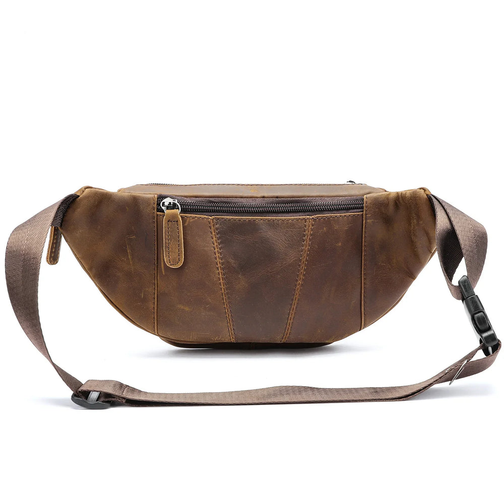 Brown vintage leather waist bag with front zipper pocket and adjustable strap