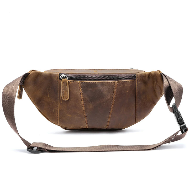 Brown vintage leather waist bag with front zipper pocket and adjustable strap