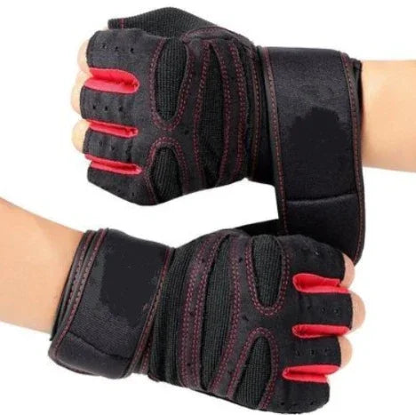 Pair of black and red fingerless workout gloves with wrist support straps