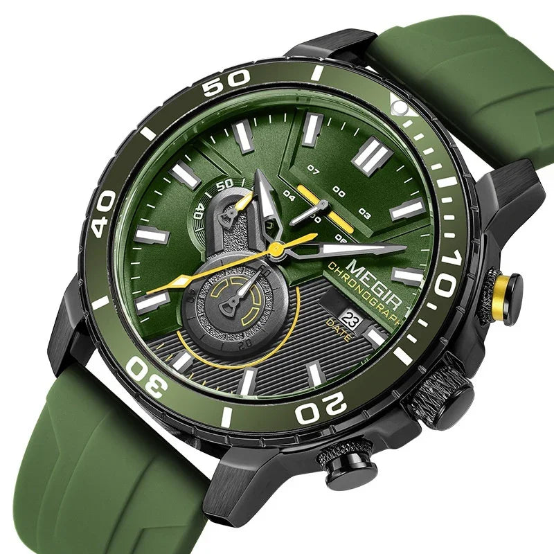 Green MEGIR chronograph wristwatch with black case, yellow accents, date display, and green silicone strap