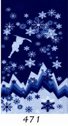 Silhouette of a snowboarder jumping in snowy mountain landscape with large snowflakes on dark blue background