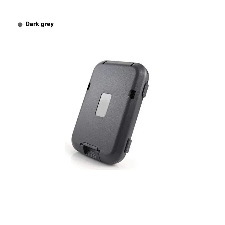 Dark grey compact protective case with a clip and latch on a white background