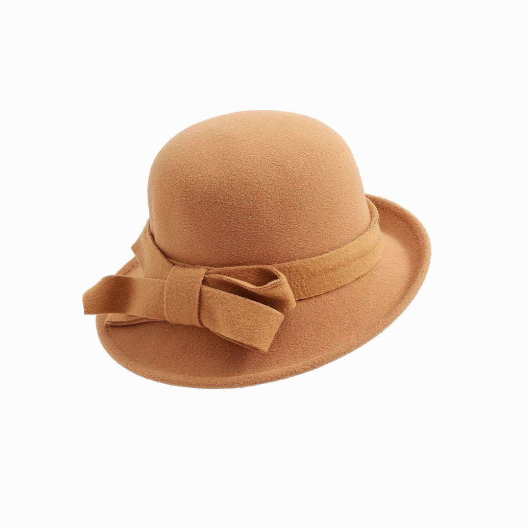 Brown felt cloche hat with a bow accent on the side, isolated on white background