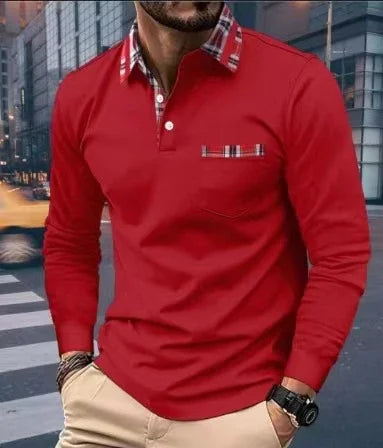 Man wearing red long-sleeve polo shirt with plaid collar and pocket trim in urban city crosswalk