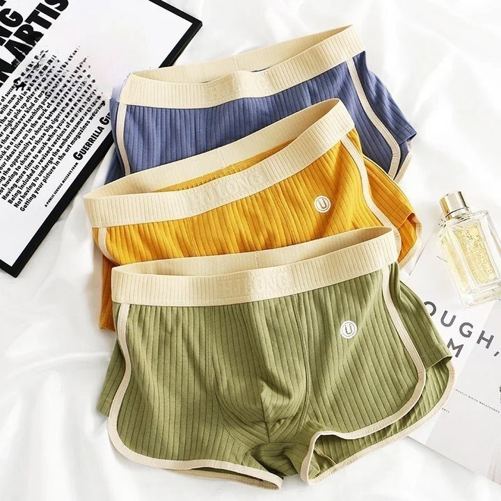 Three ribbed cotton boxer briefs in blue, mustard, and olive green with beige trim on white fabric