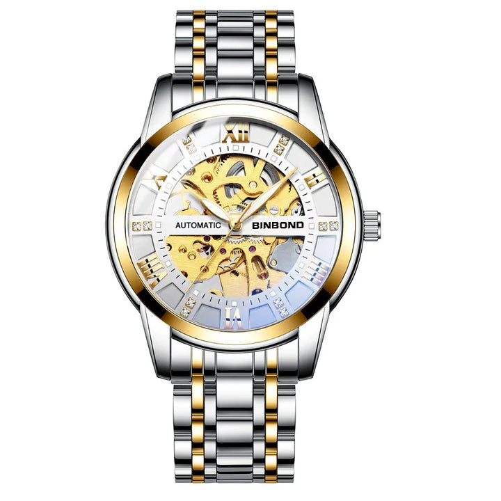 BINBOND automatic men's wristwatch with gold and silver skeleton dial and two-tone metal bracelet