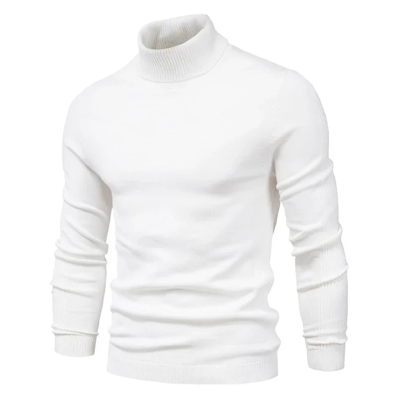 White men's ribbed turtleneck sweater with long sleeves and fitted cuffs