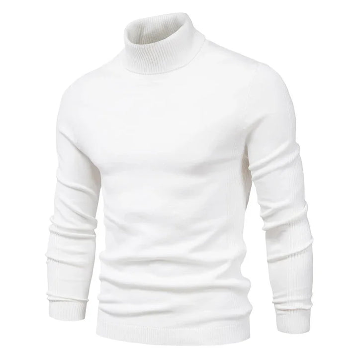 White men's ribbed turtleneck sweater with long sleeves and fitted cuffs
