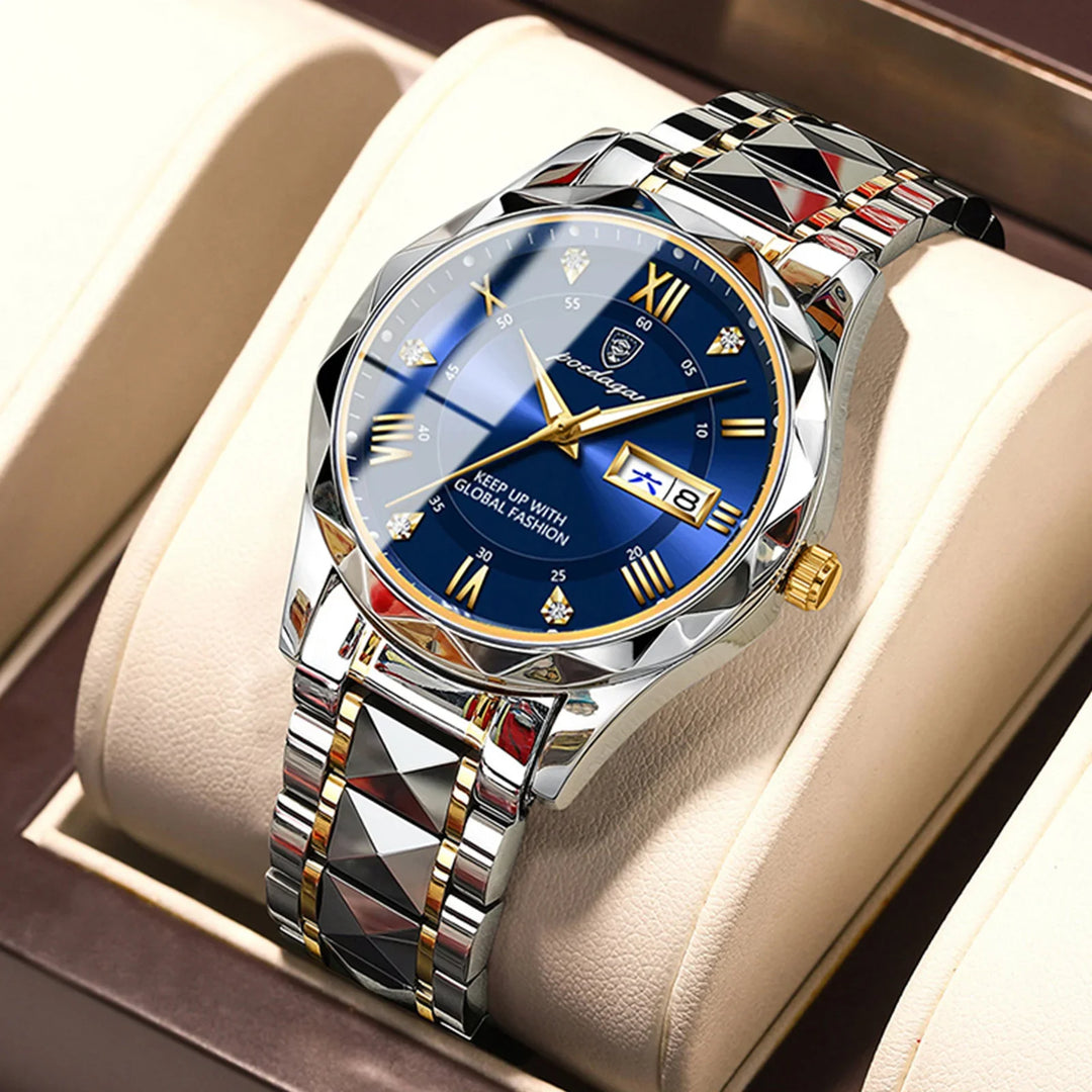 Elegant silver and gold men's wristwatch with blue dial, roman numerals, date display, and diamond accents