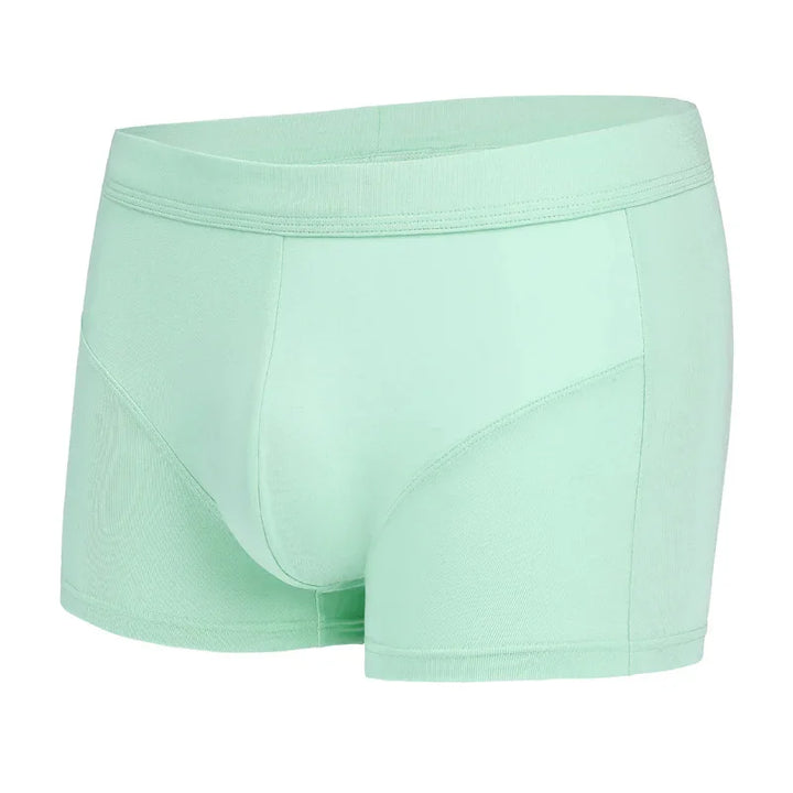 Light green men's boxer briefs with contoured stitching and elastic waistband on white background