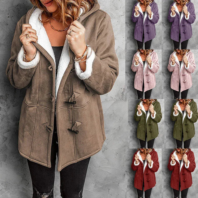 Woman wearing cozy toggle closure hooded sherpa jacket in multiple colors against gray background