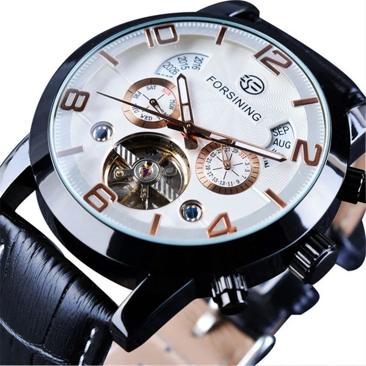 Forsining luxury men's mechanical watch with black leather strap, white dial, date and day subdials