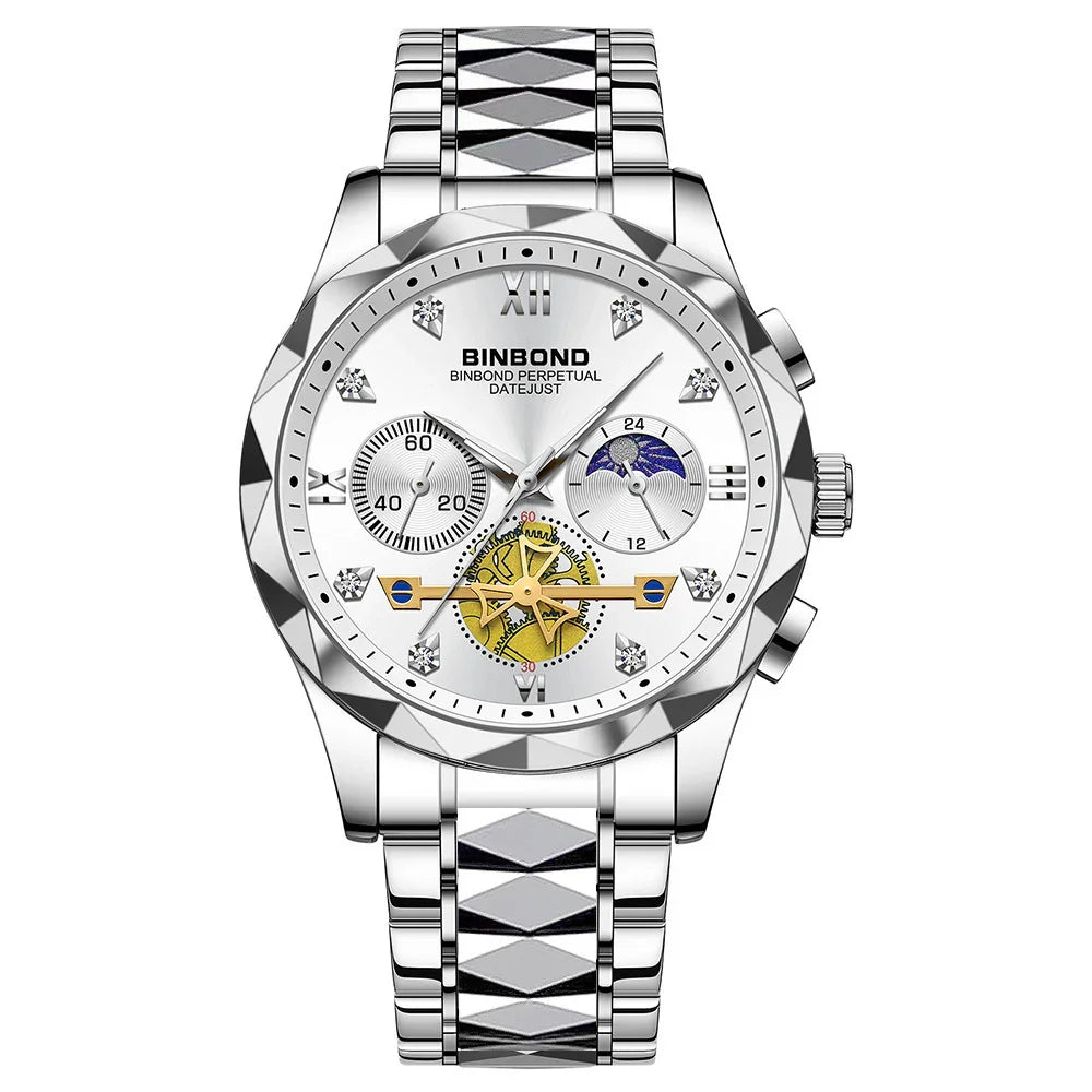 Silver Binbond Perpetual Datejust men's watch with diamond markers, skeleton gear, and geometric bracelet