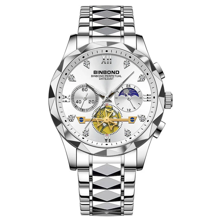 Silver Binbond Perpetual Datejust men's watch with diamond markers, skeleton gear, and geometric bracelet