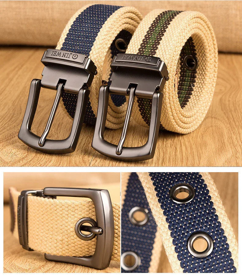 Two woven fabric belts with black metal buckles on wooden surface, one with blue stripe and one with camouflage stripe