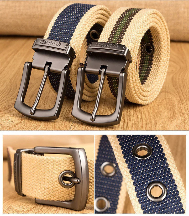 Two woven fabric belts with black metal buckles on wooden surface, one with blue stripe and one with camouflage stripe