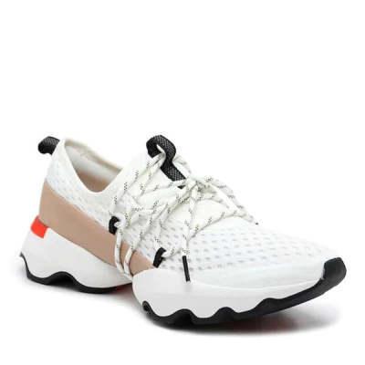 White mesh sneaker with beige and orange accents and chunky black sole on white background