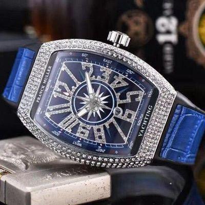 Franck Muller Vanguard Yachting luxury watch with blue dial, diamond bezel, and blue leather strap