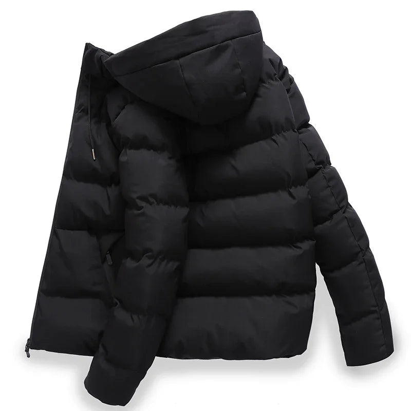 Black puffer jacket with hood, quilted insulated winter coat, lightweight and warm outerwear