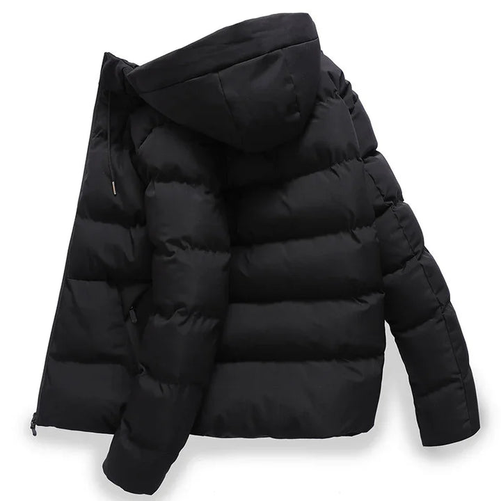 Black puffer jacket with hood, quilted insulated winter coat, lightweight and warm outerwear