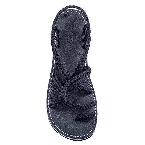 black braided strap sandal with loop detailing and white stitching on sole