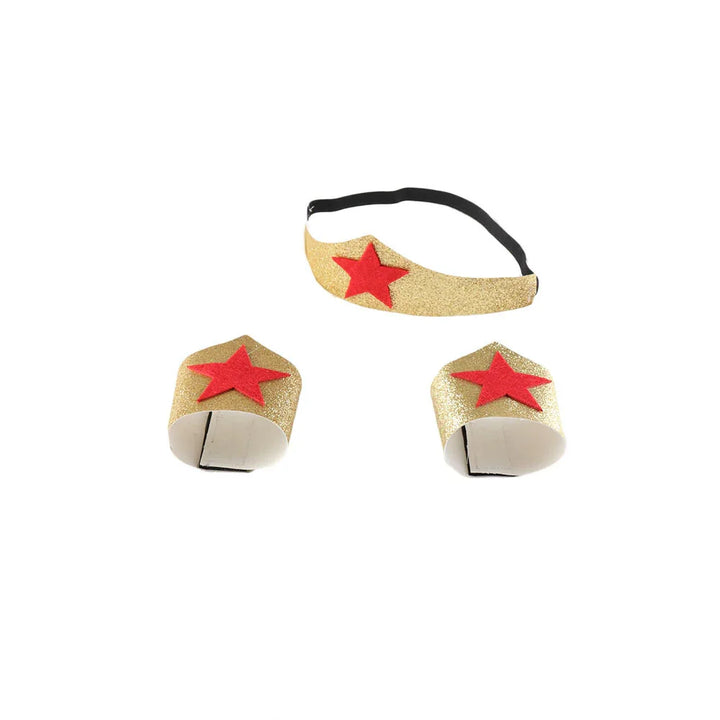 Gold glittery costume crown and wrist cuffs with red star decorations