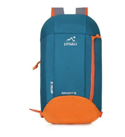 Blue and orange sports backpack with front zipper and mountain logo on a white background