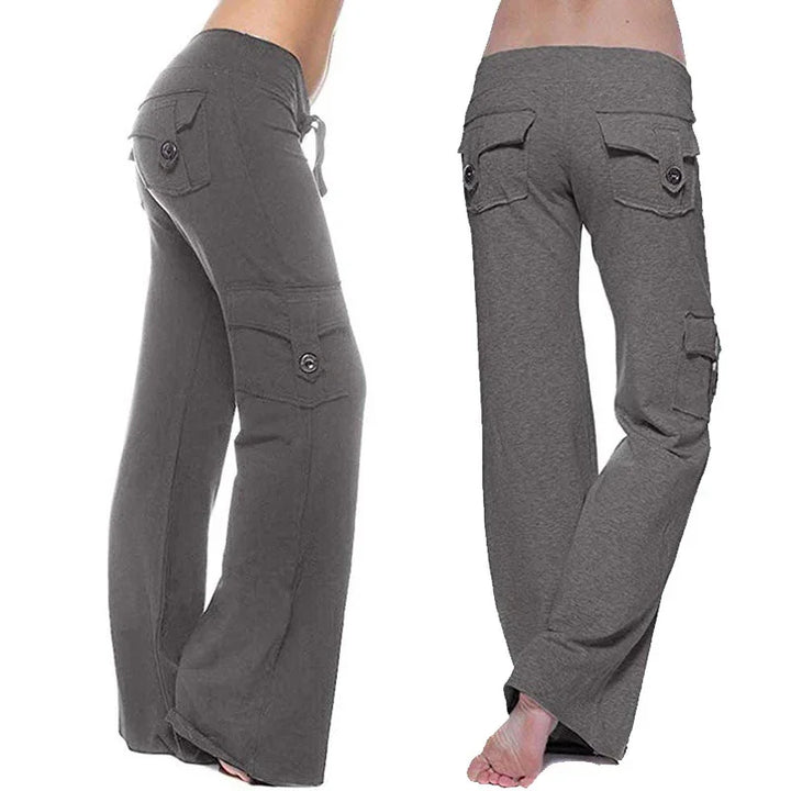 Women’s casual grey cargo lounge pants with buttoned flap pockets and drawstring waist