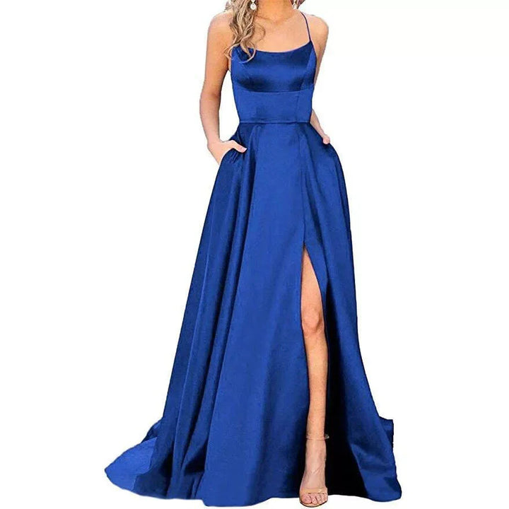 Elegant royal blue satin evening gown with spaghetti straps and high slit pocket dress